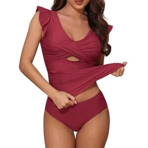 Kenaque Women Ruffle Tankini SwimSuit 2 Piece Tummy Control Deep Red Med NEW
